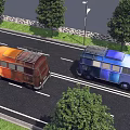 Vintage Vans In Orange Brown And Blue Colors Driving On Road With Trees