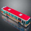 Modern Bus with Red Roof White Body Yellow Blue Stripes Blue Wheels and Reflective Surface