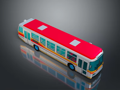 Modern Bus with Red Roof White Body Yellow Blue Stripes Blue Wheels and Reflective Surface 3d model