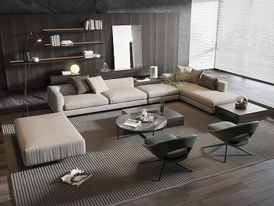 Modern Living Room Interior With L shaped Sofa Coffee Table Armchairs And Window Blinds 3d model