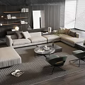 Modern Living Room Interior With L shaped Sofa Coffee Table Armchairs And Window Blinds