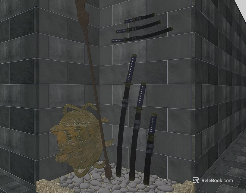 Ancient Weapons Display With Katanas Spear Shield On Stone Wall Base 3d model 