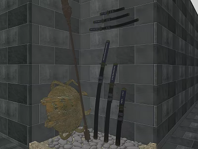 Ancient Weapons Display With Katanas Spear Shield On Stone Wall Base 3d model