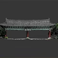 Traditional Chinese Entrance Gate With Grey Tiled Roof And Red Pillars Surrounded By Trees