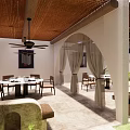 Elegant Outdoor Cabana Space With Palm Trees Arched Curtains And Dining Seating
