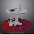 White Round Table Scene With Red Lace Rug Birdcage Decor And Tabletop Items