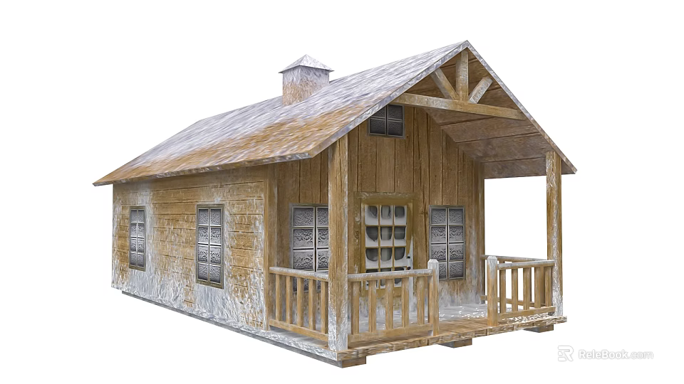 Rustic Wooden Cabin With Sloped Roof Chimney Front Porch Wooden Railings And Windows 3d model 