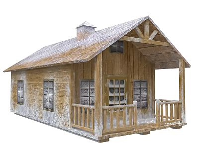 Rustic Wooden Cabin With Sloped Roof Chimney Front Porch Wooden Railings And Windows 3d model