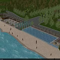 Garden Landscape Featuring Glass Pavilion Sand Beach Waterfall Trees and People Along Water Area