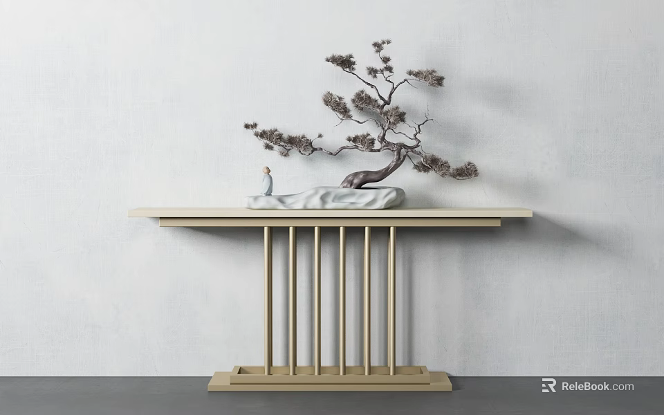 Elegant Console Table With Golden Legs Bonsai Pine Tree And Figurine Against Light Gray Wall 3d model 