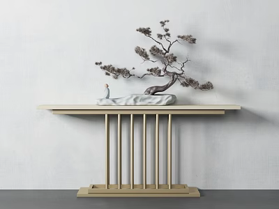 Elegant Console Table With Golden Legs Bonsai Pine Tree And Figurine Against Light Gray Wall 3d model