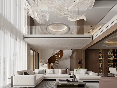 Duplex Living Room Interior With High Ceiling Spiral Staircase Modern Chandelier And White Sofas 3d model