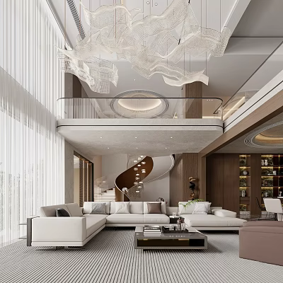 Duplex Living Room Interior With High Ceiling Spiral Staircase Modern Chandelier And White Sofas 3d model