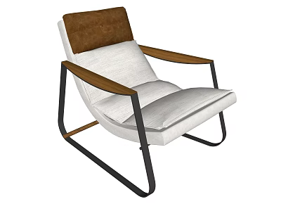 Modern Lounge Chair With Brown Backrest White Cushion Wooden Armrests And Black Metal Frame 3d model