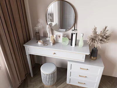 White Dressing Table With Round Mirror Gold Handles Stool And Cosmetic Decorations 3d model