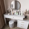White Dressing Table With Round Mirror Gold Handles Stool And Cosmetic Decorations