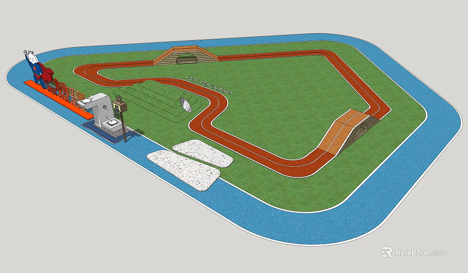 Outdoor Sports Track Facility With Red Running Lane Green Grass And Blue Surrounding Area 3d model 