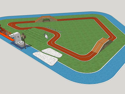 Outdoor Sports Track Facility With Red Running Lane Green Grass And Blue Surrounding Area 3d model