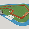 Outdoor Sports Track Facility With Red Running Lane Green Grass And Blue Surrounding Area