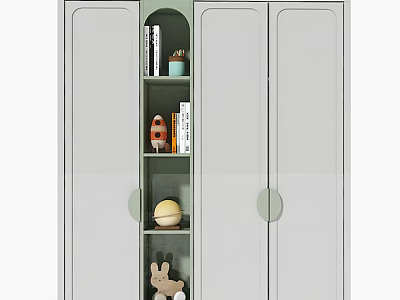 Modern White Wardrobe with Green Accents Open Shelves Books Globe and Toy Rabbit 3d model