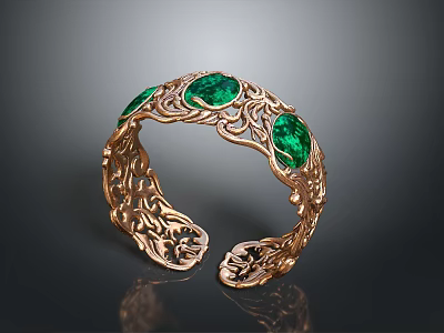 Elegant Gold Bracelet With Green Gemstones And Intricate Filigree Patterns Accessory 3d model