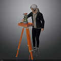 White Haired Person Using Green Tool On Red Tripod Workbench