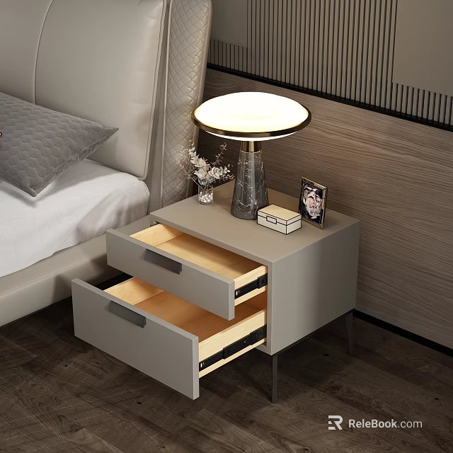 Gray Bedside Table With Two Open Drawers Light Interior Table Lamp Photo Frame And Vase 3d model 