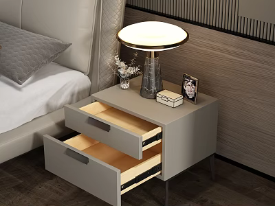 Gray Bedside Table With Two Open Drawers Light Interior Table Lamp Photo Frame And Vase 3d model