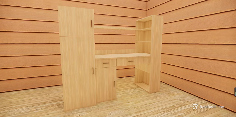 Natural Wooden Desk With Cabinet And Bookshelf In Cozy Wooden Room 3d model 