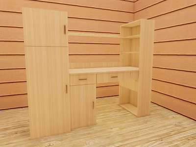 Natural Wooden Desk With Cabinet And Bookshelf In Cozy Wooden Room 3d model