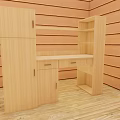 Natural Wooden Desk With Cabinet And Bookshelf In Cozy Wooden Room
