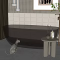 Copper Brown Bathtub In Modern Bathroom With Cat Small Table And Bath Products