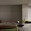 Modern Industrial Single Bed In Raw Concrete Bedroom With Bright Yellow Storage Furniture And Colorful Rug