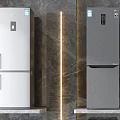 Modern Stainless Steel Refrigerators In Various Designs On Display Shelves With Lighting