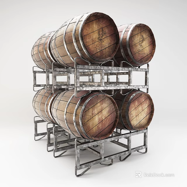 Multi Layer Metal Display Rack With Stacked Wooden Wine Barrels Storage Solution 3d model