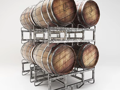 Multi Layer Metal Display Rack With Stacked Wooden Wine Barrels Storage Solution 3d model
