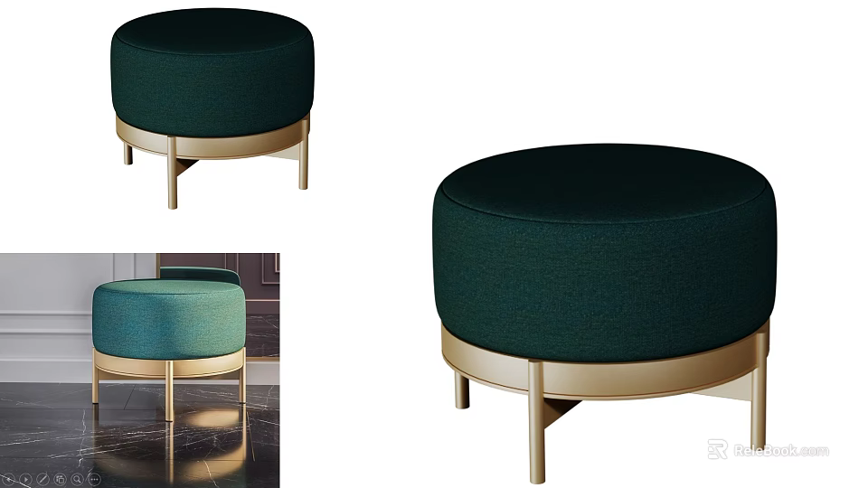 Modern Round Dark Green Velvet Stool With Gold Metal Legs Design 3d model 
