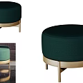 Modern Round Dark Green Velvet Stool With Gold Metal Legs Design