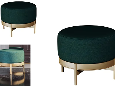 Modern Round Dark Green Velvet Stool With Gold Metal Legs Design 3d model