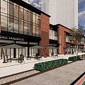 Modern Shopping Street With Red Brick Buildings Glass Facades Shops And High Rise Background
