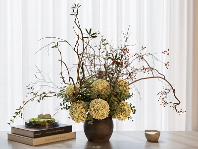 Elegant Floral Arrangement With White Hydrangeas Branches In Dark Vase Stacked Books And Light Curtains 3d model