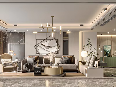 Elegant Modern Living Room Interior With Sofa Coffee Table Chandelier Decorative Art And Green Plants 3d model