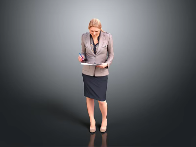 Professional Woman In Suit Holding Notebook And Pen Standing Against Gray Background 3d model