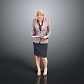 Professional Woman In Suit Holding Notebook And Pen Standing Against Gray Background
