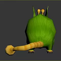 3D Green Rodent Character With Yellow Ears And Tail Standing On Reflective Surface