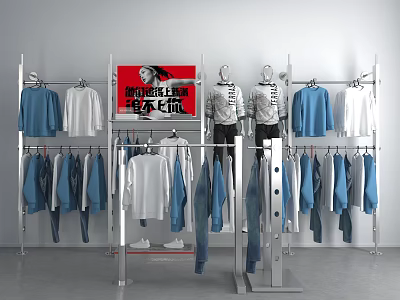 Clothing Display Racks with Hanging Blue White Garments and Mannequins in Retail Store 3d model