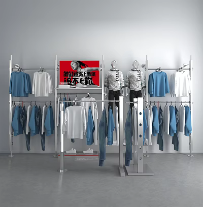 Clothing Display Racks with Hanging Blue White Garments and Mannequins in Retail Store 3d model
