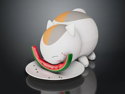 Plump White And Orange Cartoon Cat Eating Watermelon Slice On White Plate Over Black Surface 3d model