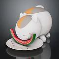 Plump White And Orange Cartoon Cat Eating Watermelon Slice On White Plate Over Black Surface
