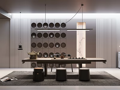 Modern Tea Room Interior with Wooden Table Tea Sets Round Stools and Decorative Wall Lights 3d model